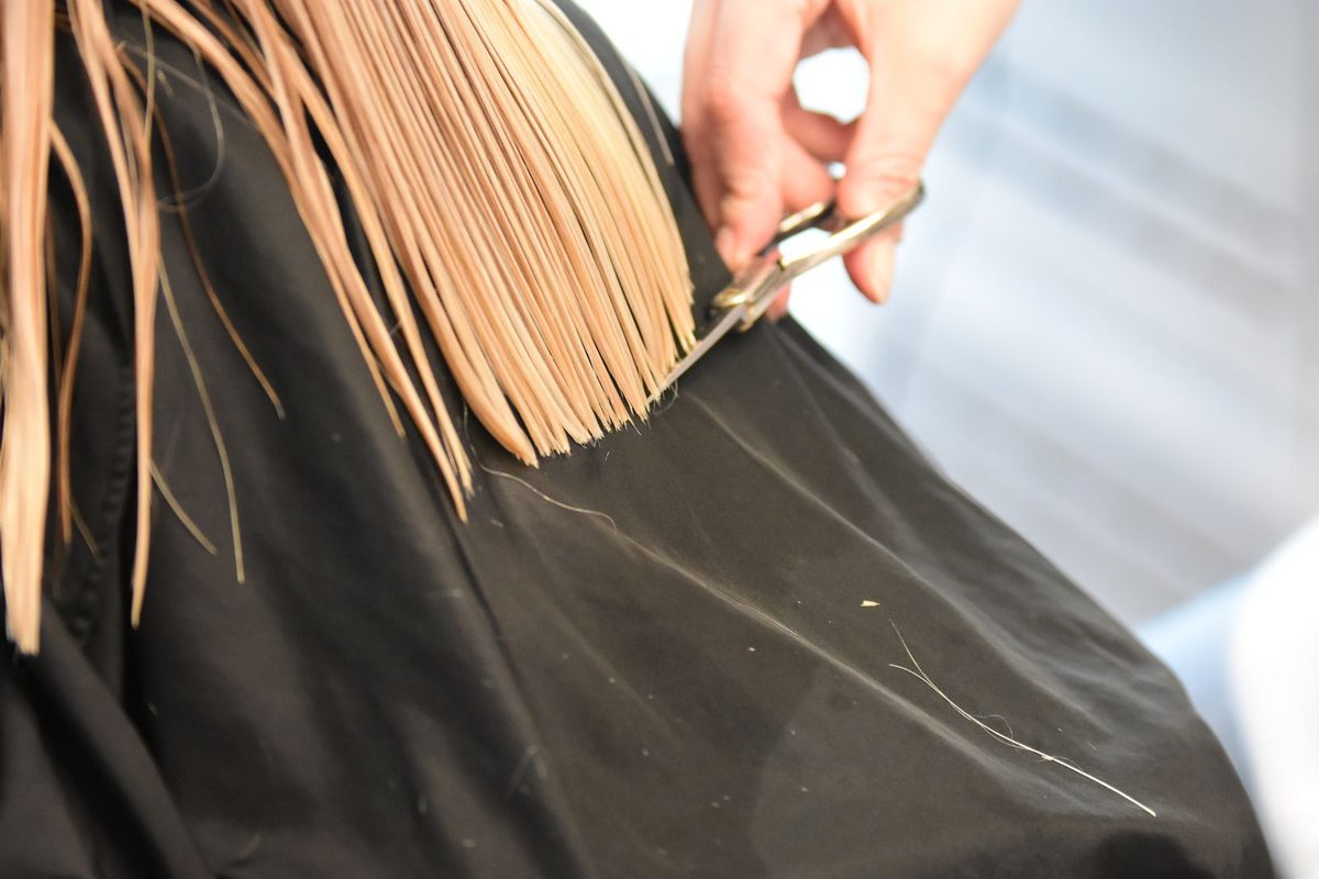 Hairdresser cutting a client's hair with scissors in a salon