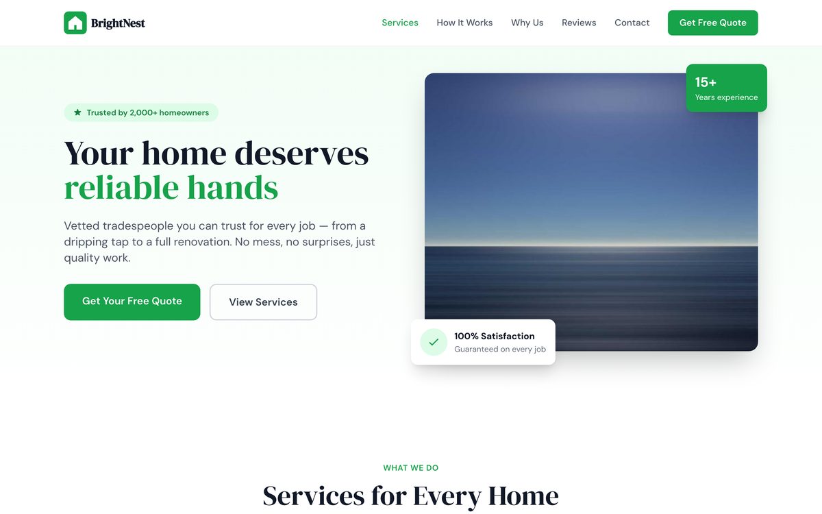 BrightNest Home Services website - Home & Repair example built with Semalt AI