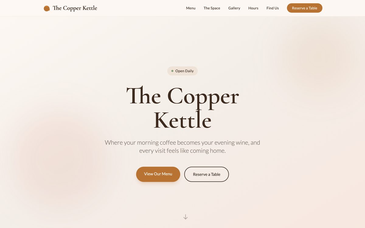 The Copper Kettle website - Cafés & Bars example built with Semalt AI