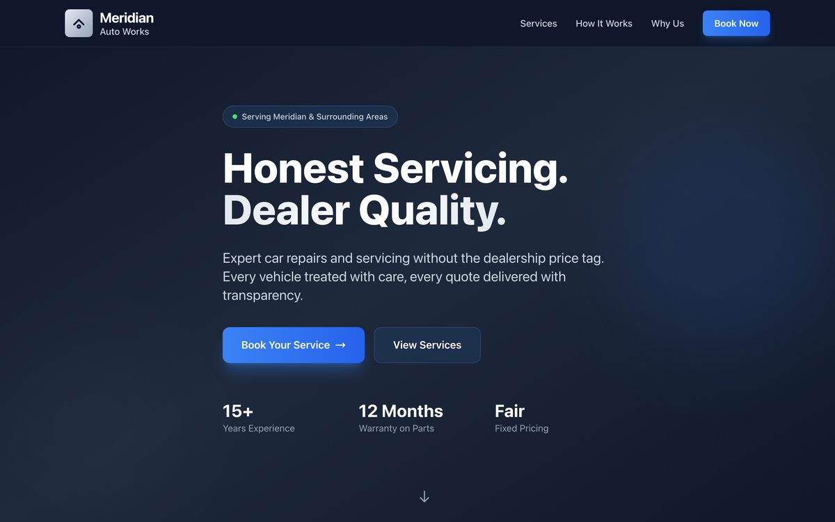 Meridian Auto Works website - Auto Repair example built with Semalt AI