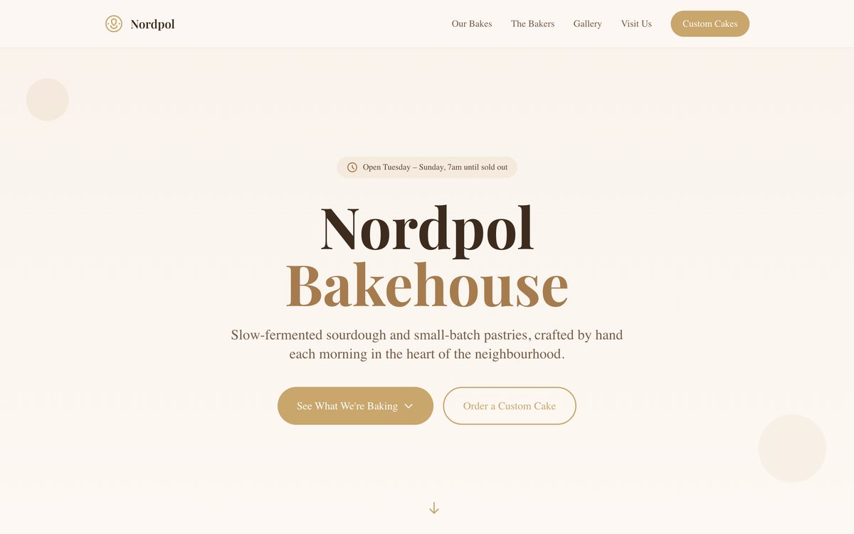 Nordpol Bakehouse website - Food & Drink example built with Semalt AI
